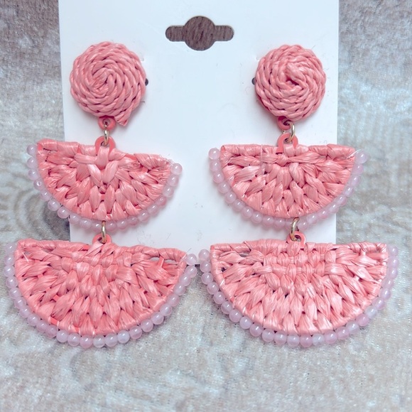Brand New On 34th Woven Coral Pink Drop Earrings & Beaded Rhinestone Bracelet - Picture 5 of 13